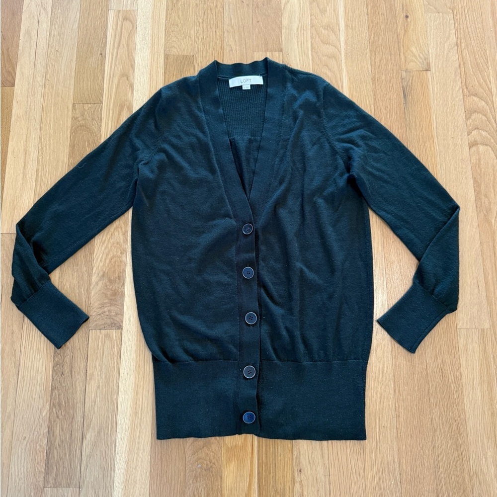 LOFT V-Neck Preppy Academia Cardigan Sweater M Deep Forest Green Wool Blend - Picture 3 of 8